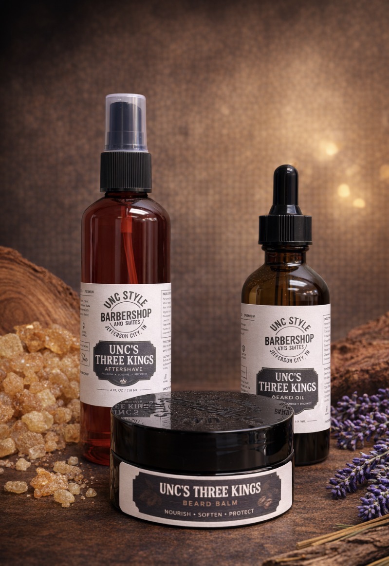 Unc's Three Kings aftershave spray, beard oil dropper bottle, and beard balm jar with frankincense resin, lavender, and cedarwood
