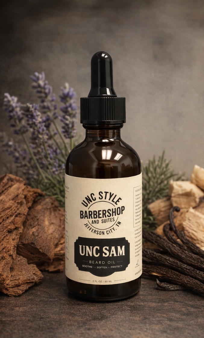 Unc Sam beard oil dropper bottle with lavender, cedarwood, and vanilla beans
