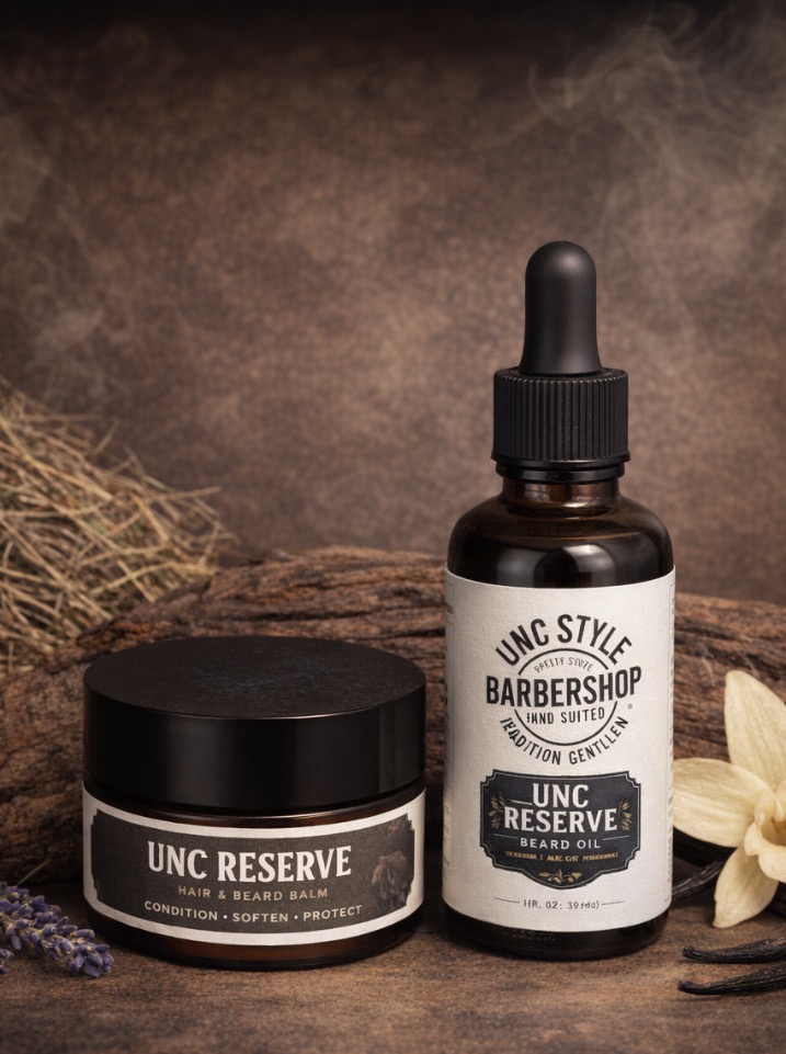 Unc Reserve hair and beard balm jar and beard oil dropper bottle with sandalwood, hay, lavender, and vanilla flower