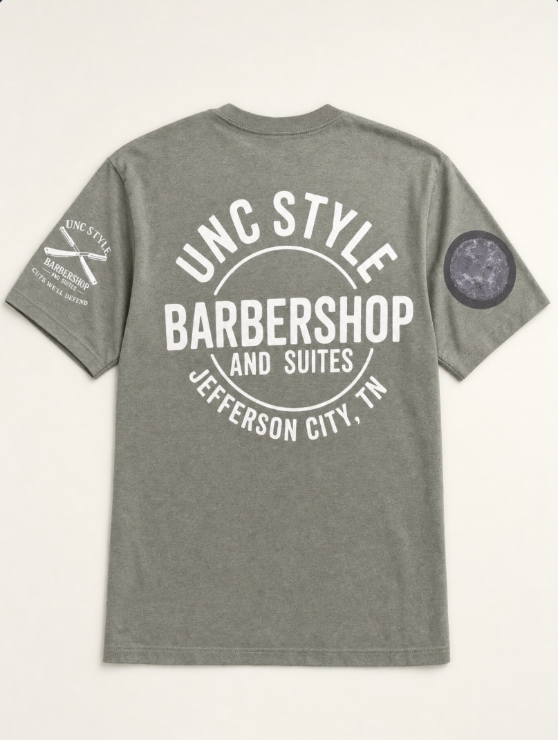 UNC Style Barbershop Graphic Tee in Olive Gray, back view with the Unc Style Barbershop and Suites, Jefferson City, TN graphic and sleeve graphics