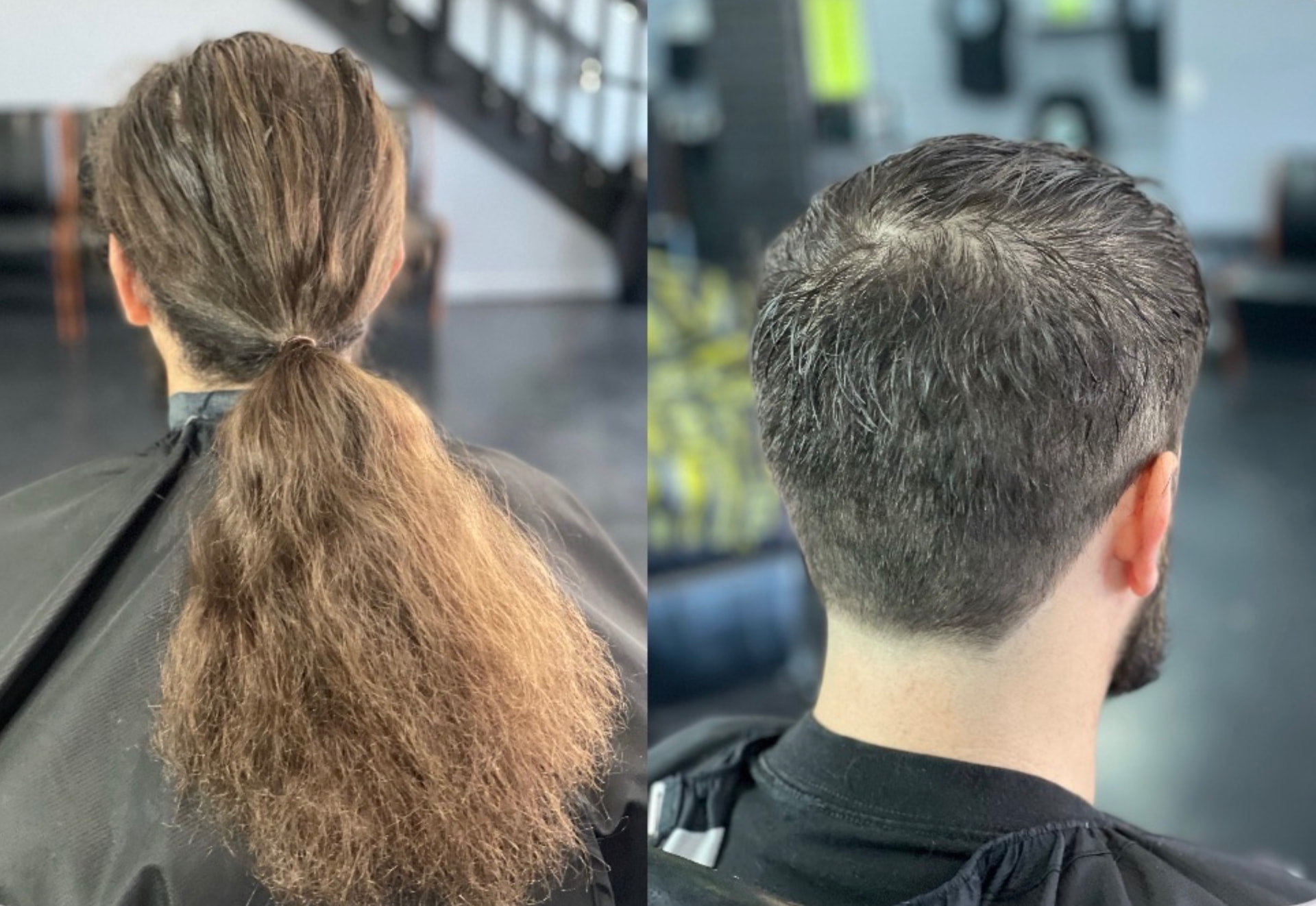 Before and after haircut transformation at Unc Style Barbershop and Suites: long ponytail before, short tapered cut after