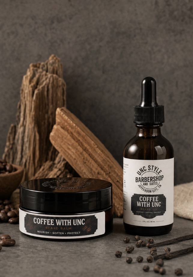 Coffee with Unc beard balm jar and beard oil dropper bottle styled with coffee beans and cedarwood